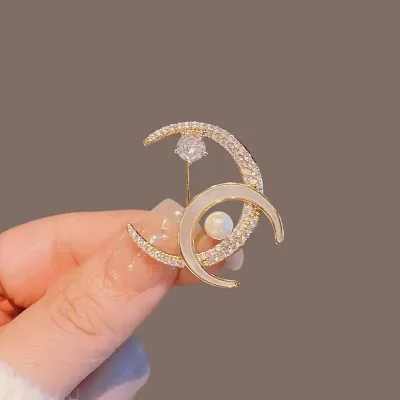 Shiny Rhinestone Moon Design Hijab Brooch